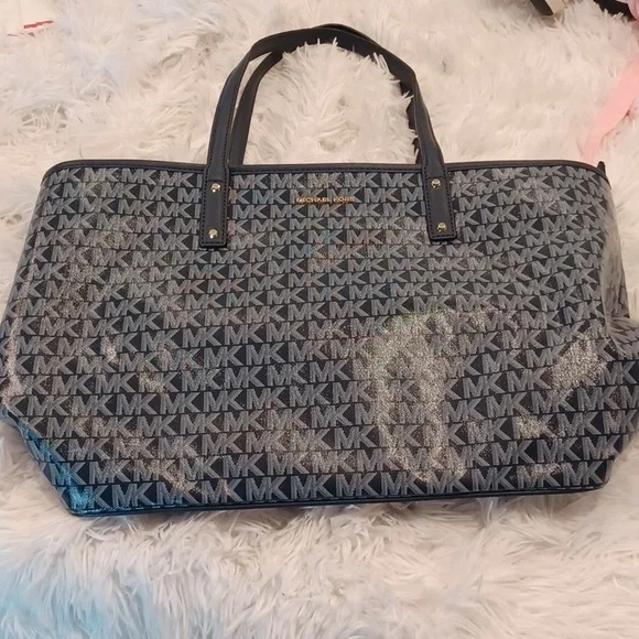 NWT Michael Kors Carter Large Top Zip Tote Bag Purse in Navy MK Logo Print - Picture 6 of 14